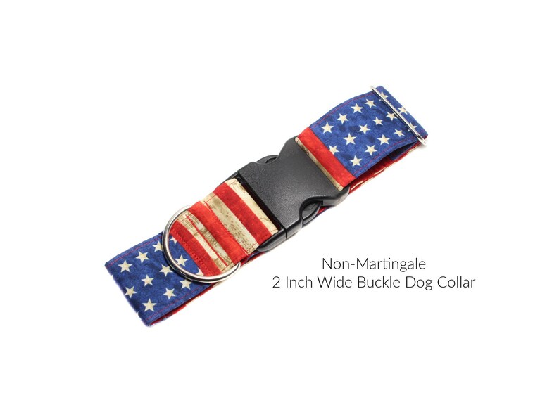 Non Martingale Buckle Dog Collar American Flag.  Horizontal and vertical striped red and white with white stars on royal blue and lined with satin. Available in size small to extra large.