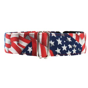 4th of July American Flag Martingale Collar. Striped wavy flag fabric in red, white and blue with white stars and fully lined with satin. Available in size small to extra large.