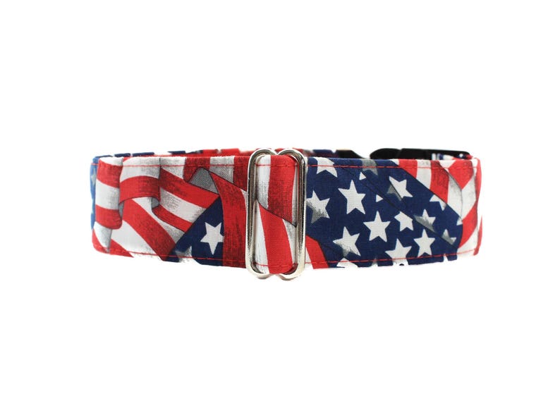 4th of July American Flag Martingale Collar. Striped wavy flag fabric in red, white and blue with white stars and fully lined with satin. Available in size small to extra large.