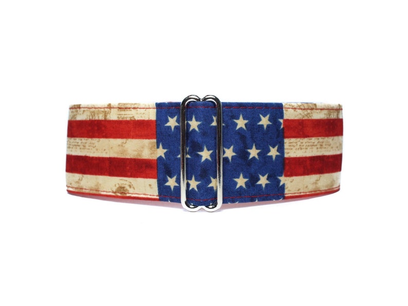 Martingale Dog Collar American Flag.  Horizontal and vertical striped red and white with white stars on royal blue and lined with satin. Available in size small to extra large.