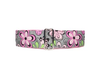 Pink Floral Martingale Dog Collar, Greyhound, Whippet, Standard or Buckle Style, Satin Lined, Size S to XL