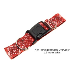 Red Bandana Non-Martingale Buckle Dog Collar.  A classic red bandana fabric is a little bit country and lined with satin. Available in size small to extra large.