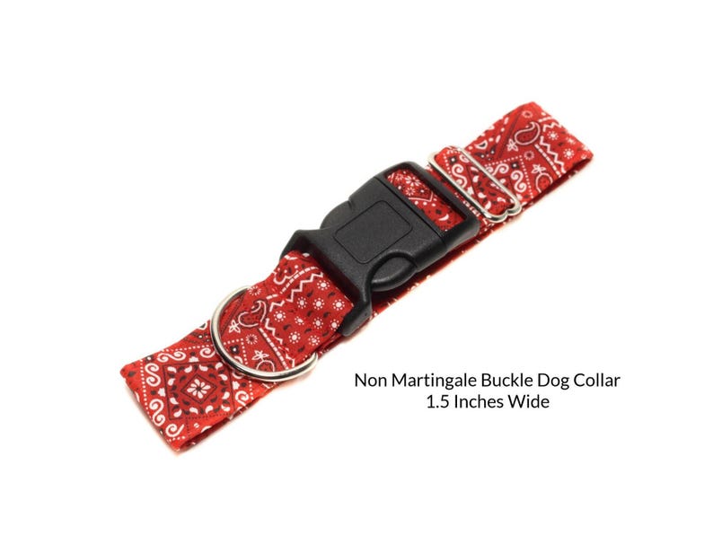 Red Bandana Non-Martingale Buckle Dog Collar.  A classic red bandana fabric is a little bit country and lined with satin. Available in size small to extra large.