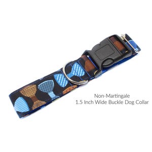 Bow Tie Non-Martingale Buckle Dog Collar.  Colorful, preppy bow ties on a black background and fully lined with satin.  Great for those boy puppers!!
Available in sizes medium to extra large.