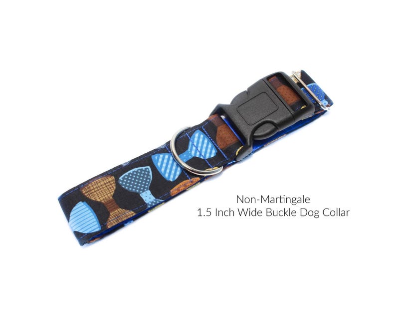 Bow Tie Non-Martingale Buckle Dog Collar.  Colorful, preppy bow ties on a black background and fully lined with satin.  Great for those boy puppers!!
Available in sizes medium to extra large.