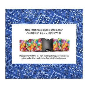 Blue Bandana Non-Martingale Buckle Dog Collar.  A classic royal blue bandana fabric is a little bit country and lined with satin.  Also available in red, hot pink, navy blue, purple and orange sold separately.
Available in size medium to extra large.