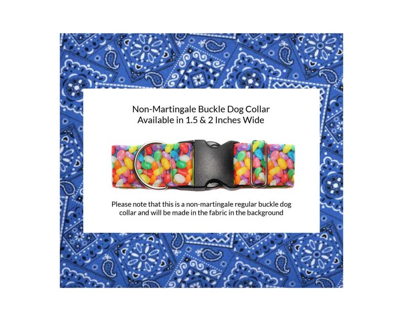 Blue Bandana Non-Martingale Buckle Dog Collar.  A classic royal blue bandana fabric is a little bit country and lined with satin.  Also available in red, hot pink, navy blue, purple and orange sold separately.
Available in size medium to extra large.