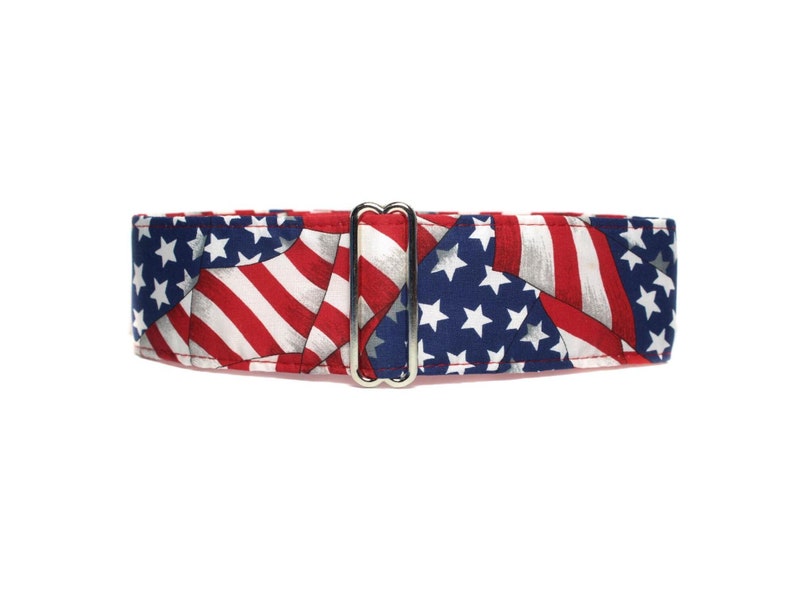 4th of July American Flag Martingale Collar. Striped wavy flag fabric in red, white and blue with white stars and fully lined with satin. Available in size small to extra large.