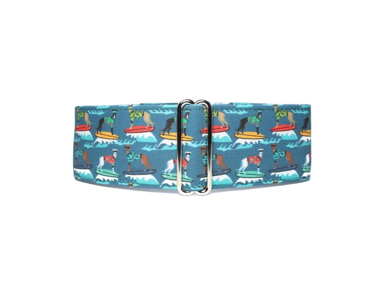 Whippet Martingale Collar.  This is such a fun fabric with whippets on surfboards on a background of deep teal and fully lined with satin. Available in size small to extra large.