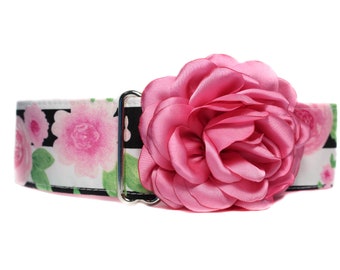 Floral Martingale Dog Collar and Flower, Floral Dog Collar 1.5 Inch, Pink Dog Collar, Pink Roses Dog Collar