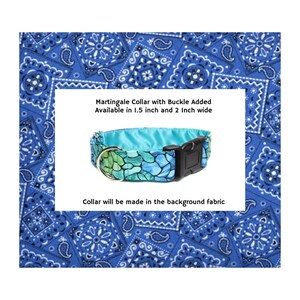 Blue Bandana Buckle Martingale Collar.  A classic royal blue bandana fabric is a little bit country and lined with satin.  Also available in red, hot pink, navy blue, purple and orange sold separately.
Available in size medium to extra large.