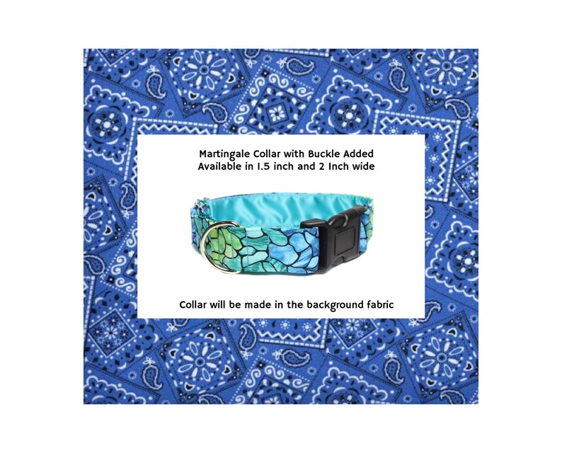 Blue Bandana Buckle Martingale Collar.  A classic royal blue bandana fabric is a little bit country and lined with satin.  Also available in red, hot pink, navy blue, purple and orange sold separately.
Available in size medium to extra large.