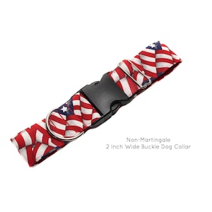 4th of July American Flag Non-Martingale Buckle Dog Collar. Striped wavy flag fabric in red, white and blue with white stars and fully lined with satin. Available in size small to extra large.