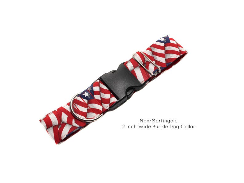 4th of July American Flag Non-Martingale Buckle Dog Collar. Striped wavy flag fabric in red, white and blue with white stars and fully lined with satin. Available in size small to extra large.