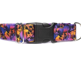 Skull Martingale Dog Collar with Buckle, Purple Martingale Collar, 2 Inch Buckle Martingale Collar