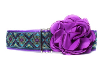 Purple Martingale Dog Collar and Flower, 1.5 Inch Martingale Collar Greyhound, Huggable Hound Martingale Collars