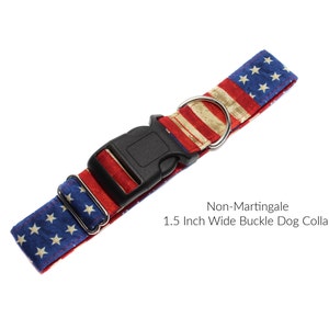 Non Martingale Buckle Dog Collar American Flag.  Horizontal and vertical striped red and white with white stars on royal blue and lined with satin. Available in size small to extra large.