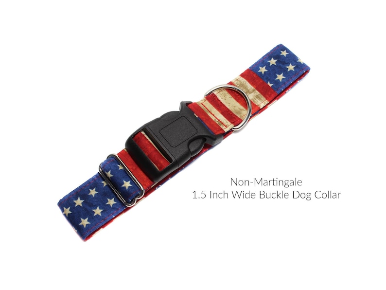 Non Martingale Buckle Dog Collar American Flag.  Horizontal and vertical striped red and white with white stars on royal blue and lined with satin. Available in size small to extra large.