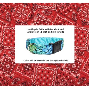 Red Bandana Buckle Martingale Collar.  A classic red bandana fabric is a little bit country and lined with satin. Available in size medium to extra large.