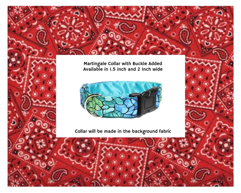 Red Bandana Buckle Martingale Collar.  A classic red bandana fabric is a little bit country and lined with satin. Available in size medium to extra large.