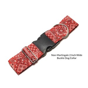 Red Bandana Non-Martingale Buckle Dog Collar.  A classic red bandana fabric is a little bit country and lined with satin. Available in size small to extra large.