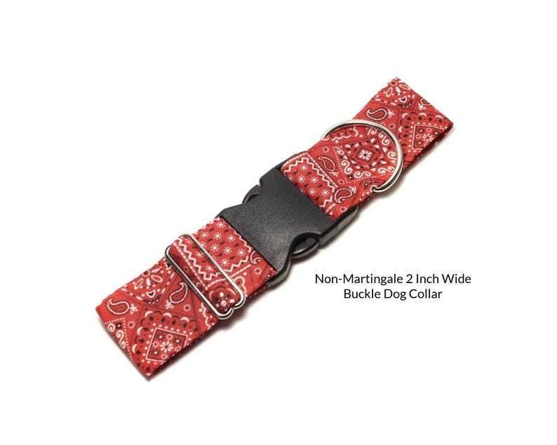 Red Bandana Non-Martingale Buckle Dog Collar.  A classic red bandana fabric is a little bit country and lined with satin. Available in size small to extra large.