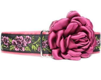 Floral Martingale Dog Collar and Flower, Pink Martingale Collar Greyhound, 1.5 Inch Dog Collar