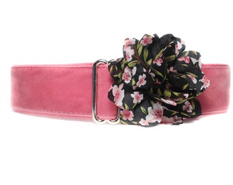 Rose Velvet Martingale Collar and Flower, Martingale Dog Collar 1.5 Inch, Velvet Dog Collar