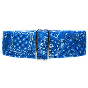 Blue Bandana Martingale Dog Collar.  A classic royal blue bandana fabric is a little bit country and lined with satin.  Also available in red, hot pink, navy blue, purple and orange sold separately.
Available in size small to extra large.