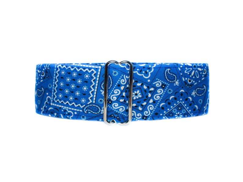 Blue Bandana Martingale Dog Collar.  A classic royal blue bandana fabric is a little bit country and lined with satin.  Also available in red, hot pink, navy blue, purple and orange sold separately.
Available in size small to extra large.