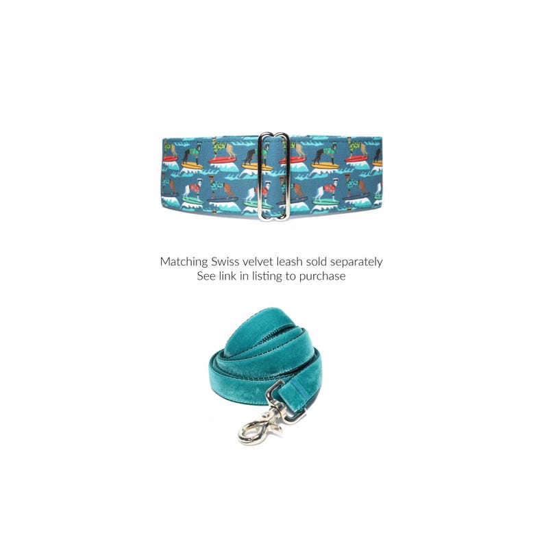 May include: A teal blue dog collar with a colorful print of dogs surfing. Matching Swiss velvet leash sold separately. See link in listing to purchase.