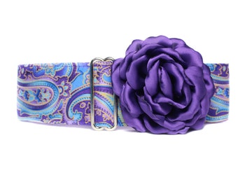 Purple Martingale Dog Collar and Flower, Paisley Martingale Collar, 1.5 Inch Dog Collar, Paisley Dog Collar, Purple Dog Collar