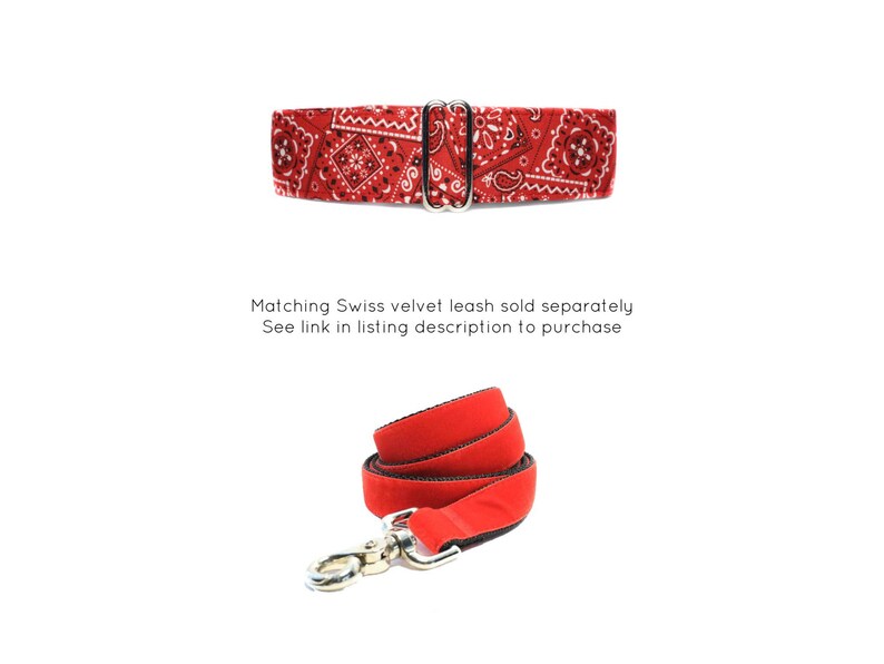 May include: Red bandana print dog collar with a silver buckle. Matching Swiss velvet leash sold separately. See link in listing description to purchase.