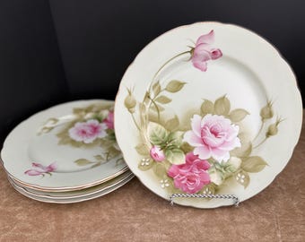 Vintage Lefton China Heritage Green Rose 9 1/4&quot; Dinner Plates #3069 & #05856 Excellent.