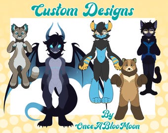 Può includere: Illustrazione di cinque creature antropomorfe in vari colori. Il testo "Custom Designs" è in alto, con "By OnceABlooMoon" in basso. Le creature includono un gatto, un drago, una figura simile a un pipistrello, un orso e una figura simile a un gatto.
