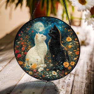 Moonlight Cat Couple Suncatcher, Black and White Cats Window Decor, Romantic Stained Glass Hanging for Cat Lovers, Anniversary Gift