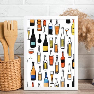 Muurkunst wijnfles, trendy prints, barwagenafdrukken, keukenmuurkunst, digitale download, wijnwanddecor aquarelpapier, handgetekende.
