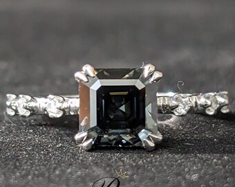3 Carat Gray Asscher Cut Moissanite Engagement Ring, 14K White Gold Black Diamond Band, Gothic Modern Bridal Ring, Proposal Ring For Her