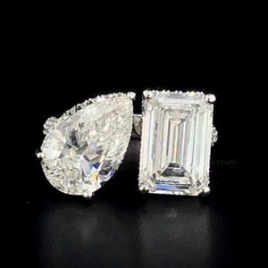 4 TCW Toi et Moi Moissanite Engagement Ring, Pear and Emerald Cut Dual Stone Ring, 14K Gold Ring | Unique Two Stone Statement Ring for Her