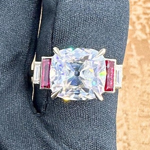 5 Ct Moissanite Old Mine Cut Engagement Ring, 14K Yellow Gold with Ruby & Moissanite Accents, Vintage Art Deco Ring, OMC Cushion Cut Ring