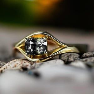 2 Carat Cushion Cut Grey Moissanite Engagement Ring, 14k Gold Bypass Ring, Unique Solitaire Ring, Promise Ring Gift for Her