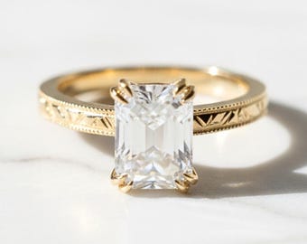 3 kt smaragd geslepen diamanten verlovingsring, vintage gouden ring met gegraveerde band, zetting met 4 tanden, op art deco geïnspireerde bruidsring voor haar