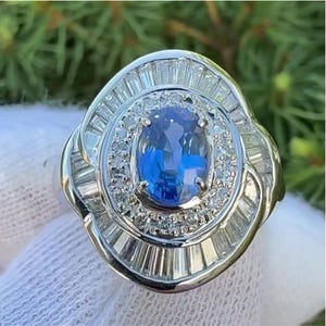 Vintage Oval Blue Sapphire Ring with Baguette and Round Diamond Halo, Art Deco Inspired Statement Ring in White Gold, Cocktail Ring for Her