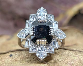 2 Ct Asscher Cut Black Moissanite Engagement Ring, Vintage Art Deco Style Ring in White Gold, Pear and Baguette Diamond Accents, Bridal Ring