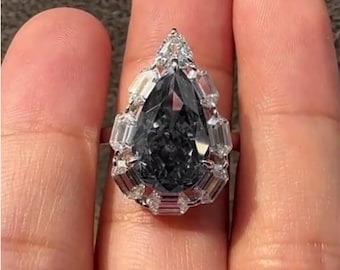 3ct Grey Pear Moissanite Engagement Ring: Baguette Diamond Halo, Silver or Gold