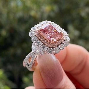 Victorian Barbie Pink Engagement Ring 2 Ct Radiant Lab Diamond Halo Set Crossover Wedding Ring For Bridal Ring For Anniversary Gifts For Her