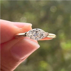 1.0 CT Marquise Cut Moissanite Engagement Ring, 14K Solid Yellow Gold East West Ring, Solitaire Bezel Ring, Statement Ring, Proposal Ring