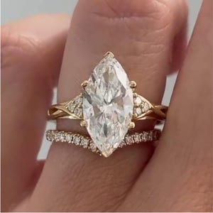 3Ct Marquise Cut Moissanite Engagement Ring Set with Side Accents in Yellow Gold, Vintage Inspired Bridal Ring, Anniversary or Proposal Ring