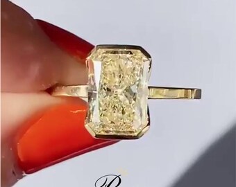 5 Carat Radiant Cut Canary Yellow Moissanite Ring: Gold Bezel Solitaire
