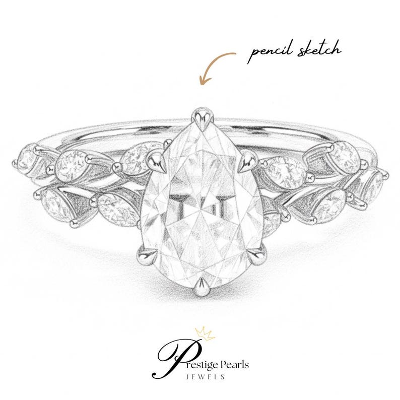 Gorgeous 2 Ct pear moissanite ring crafted in yellow gold with leaf vine motif, adorned with diamonds, art deco floral design engagement ring ideal for weddings or romantic gifts.